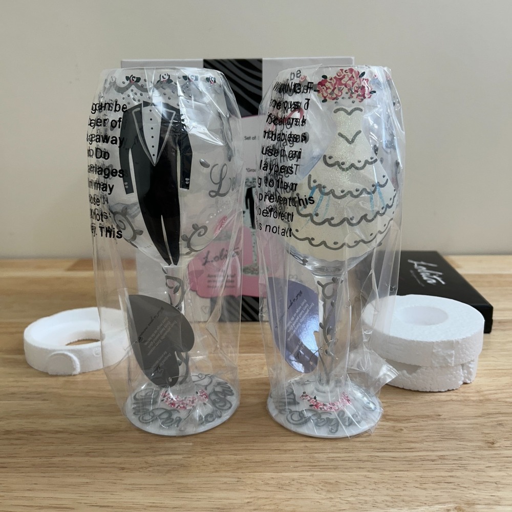 LOLITA "LOVE MY WINE" WEDDING BRIDE & GROOM 15 OZ WINE GLASSES